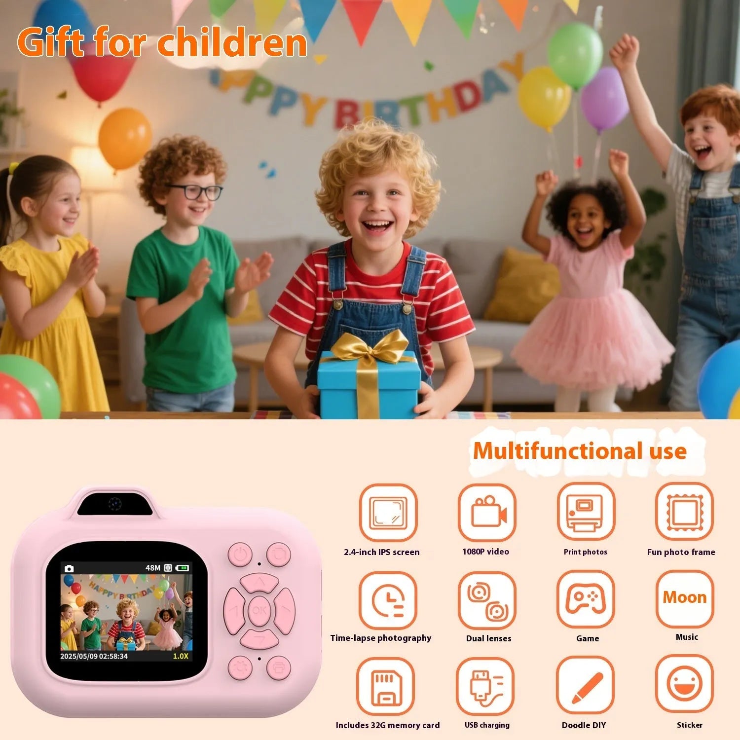Children's digital camera in pink, blue or purple with video recording and game functions