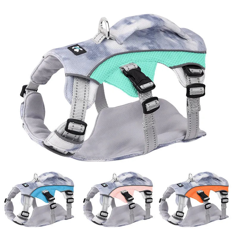 Reflective dog chest strap in light blue colour showing cooling clothes attachment points