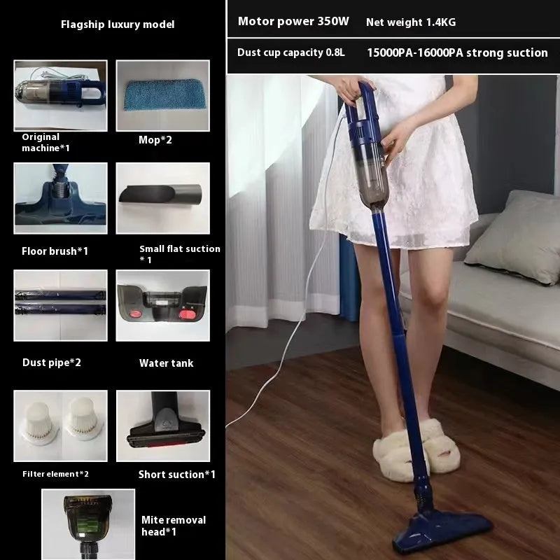 White flagship wired vacuum cleaner with suction mop integrated and anti-mite head on hard floor