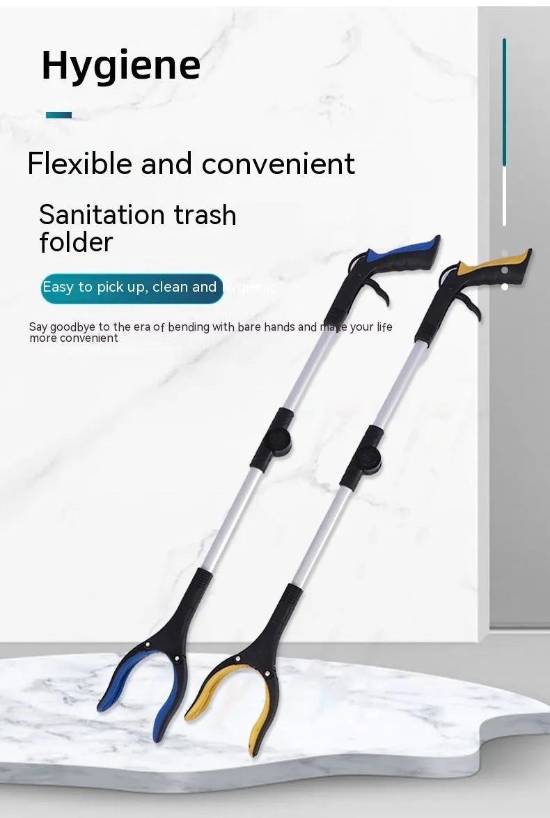 Foldable aluminium garbage clamp showing extended and folded positions with magnet sucker attachment