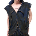 Blue Korean style hooded denim vest coat and matching trousers set on a hanger