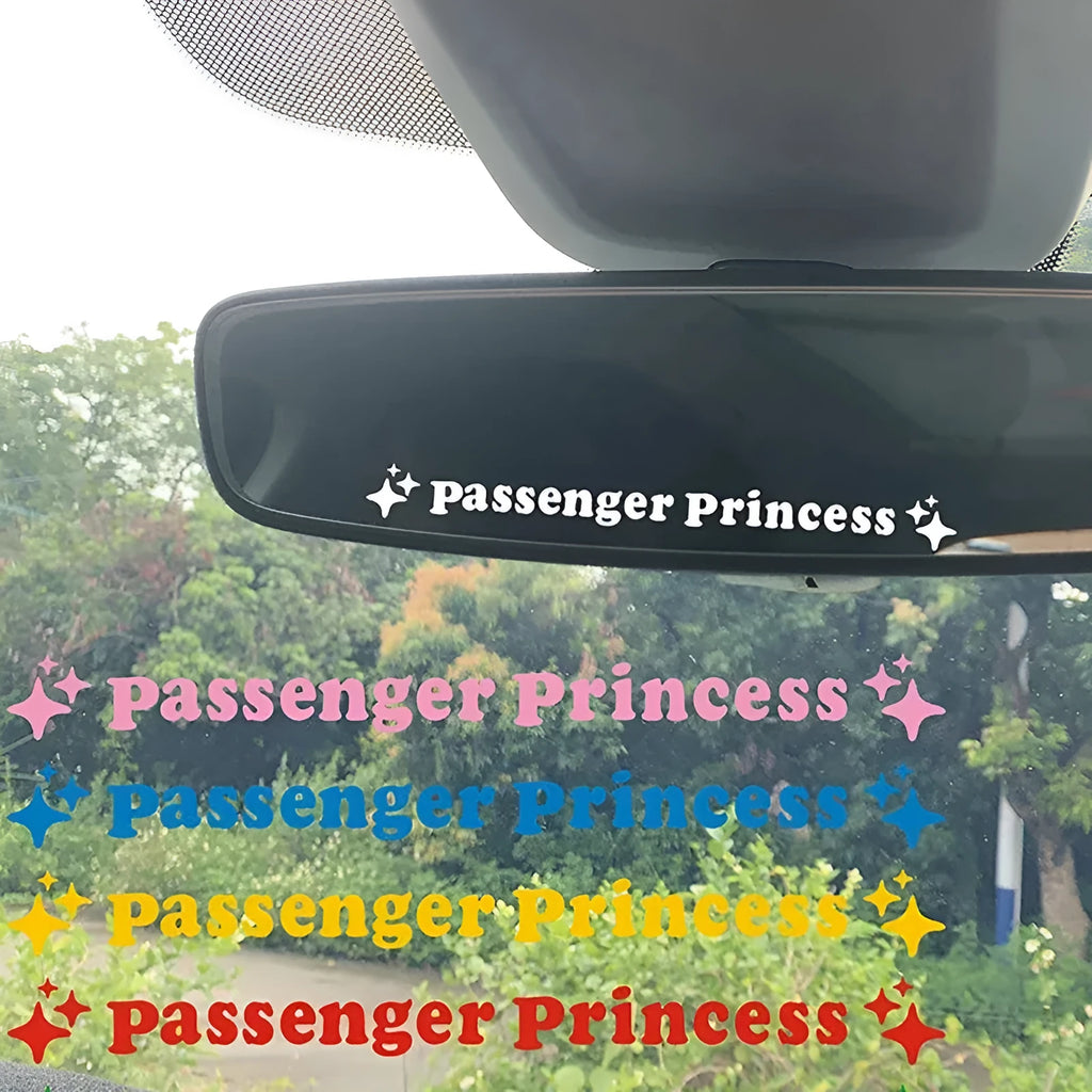 Passenger Princess decorative sticker for car rearview mirror, showing colour options.