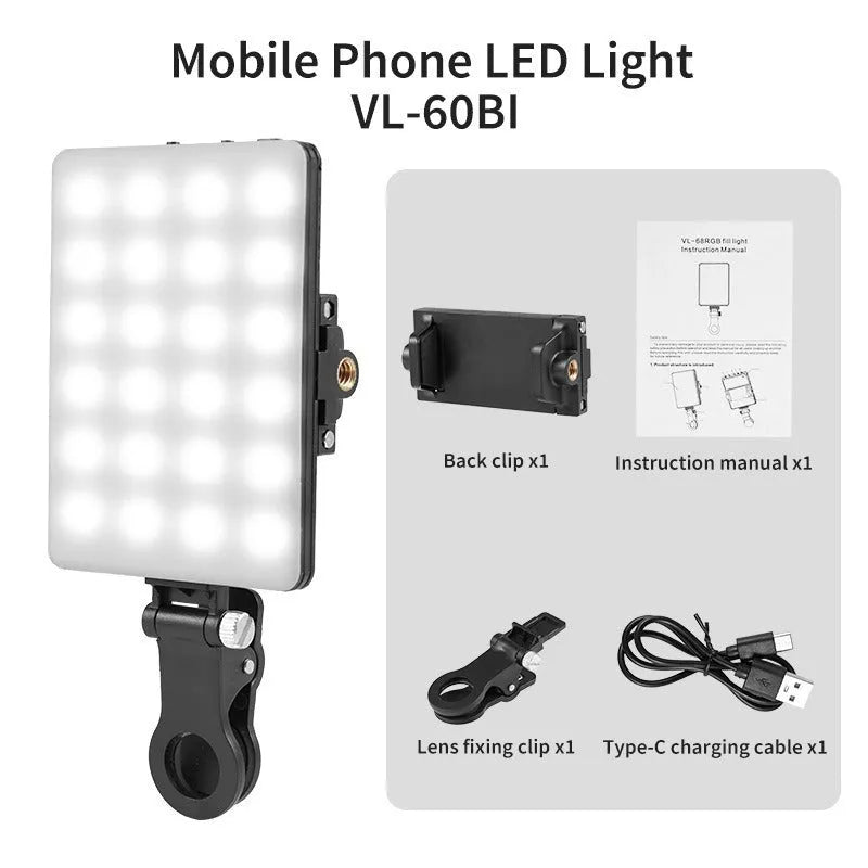 Pocket-sized handheld LED fill light with clip, shown next to a mobile phone for scale.