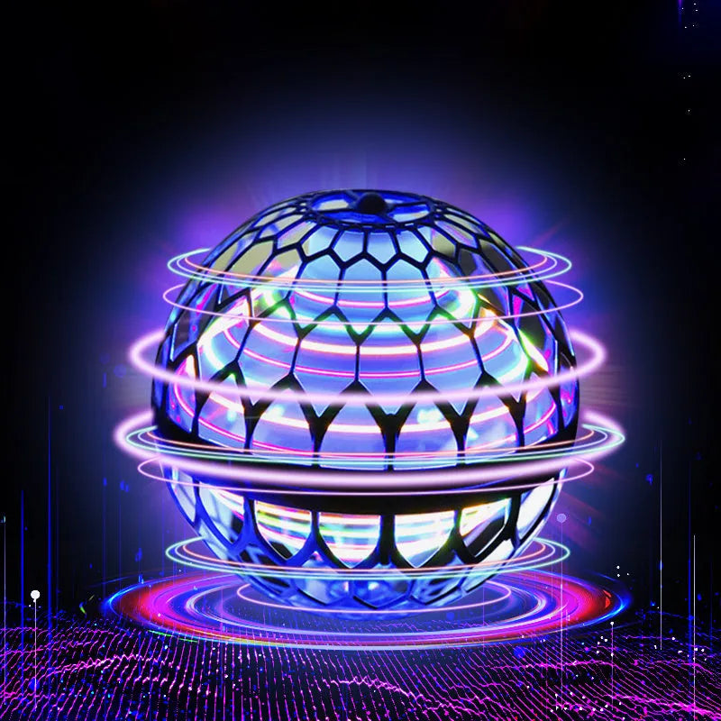 Blue spinning flying ball toy with LED lights hovering above a child's hand, with a magic wand accessory beside it.