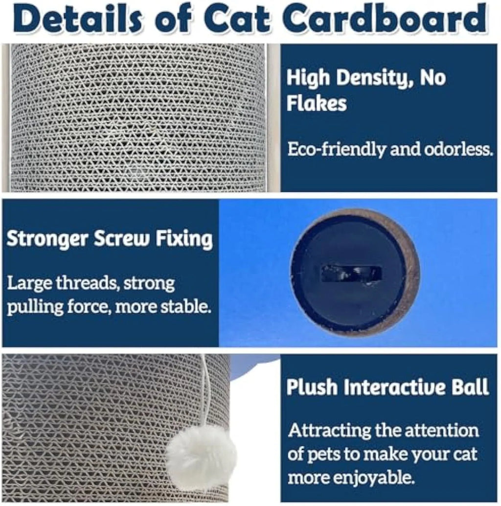 Triangular cardboard cat corner scratcher with hanging ball toy against wall