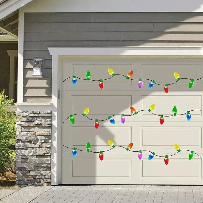 Set of magnetic reflective Christmas light bulb and wire stickers on a car door.