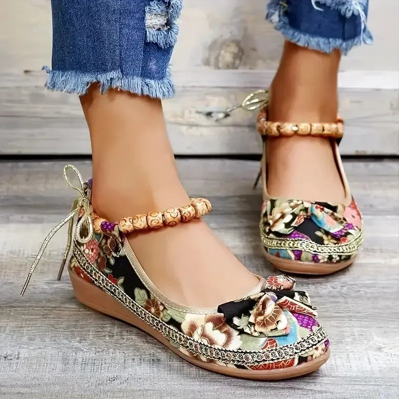 Women's black ethnic platform sandals with cloth upper and elastic band in size display