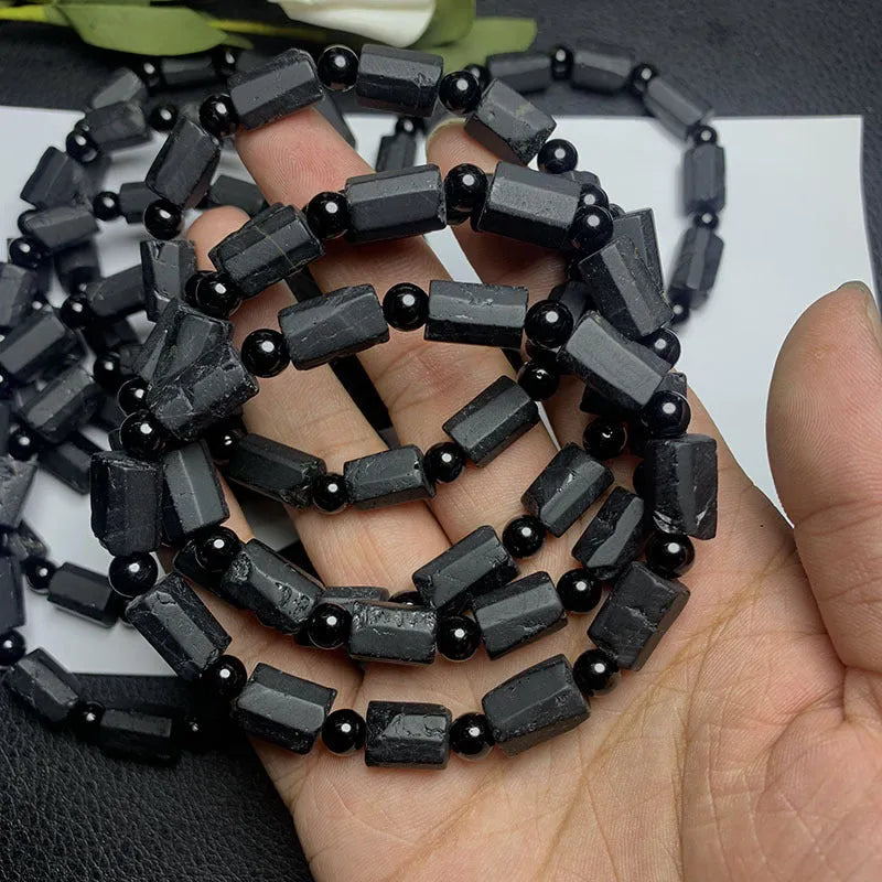 Natural black tourmaline rough stone bracelet with approximately 9mm beads