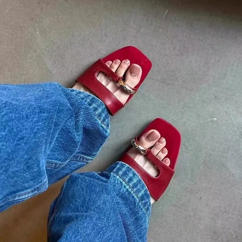 Leather square-head outdoor slippers with rubber sole in black, shown in sizes 35-42.