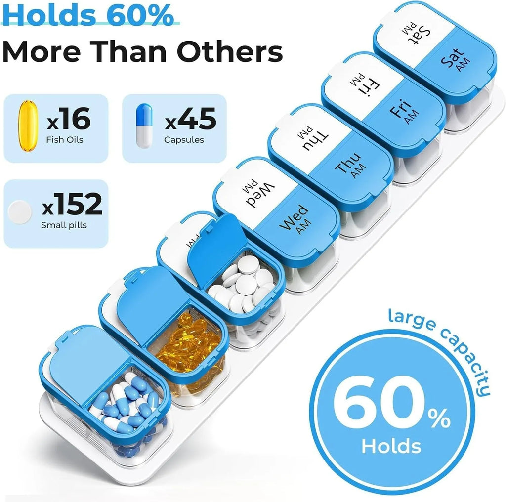 Large white and rainbow coloured pill organiser box with 14 detachable compartments showing its size.