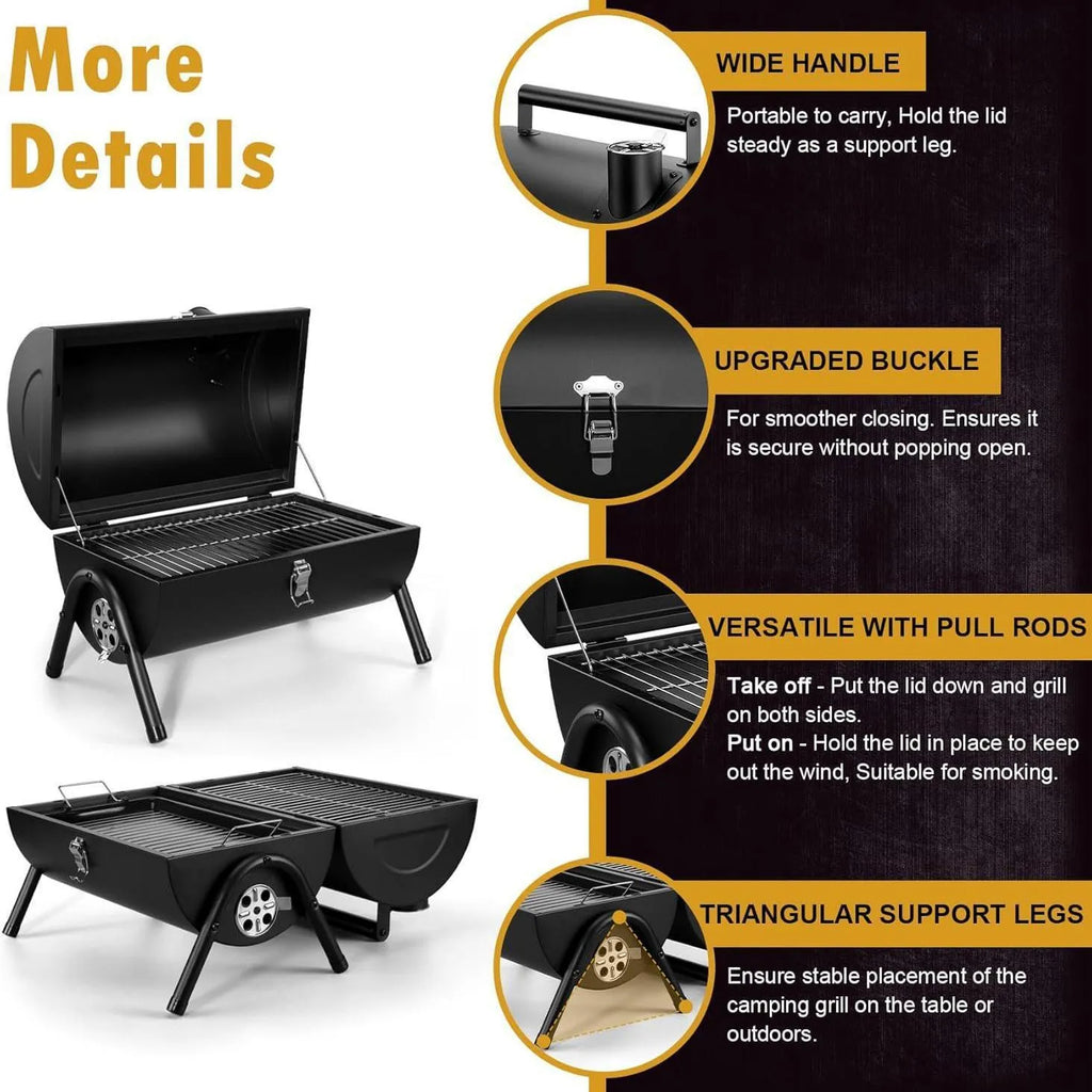 Small folding desktop barbecue smoking device with charcoal stove and grill.
