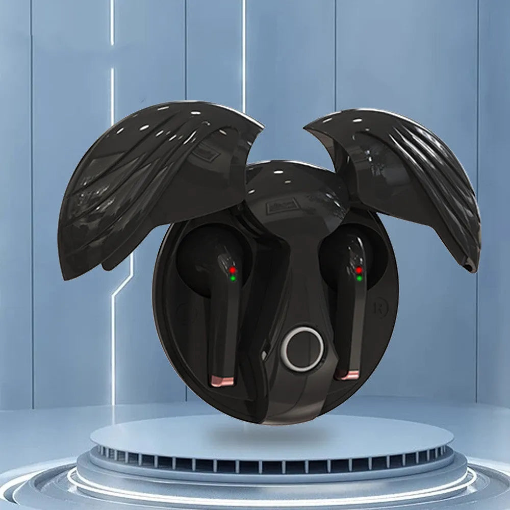 Gaming TWS true wireless earbuds with noise cancelling, 8-hour battery, charging compartment, and secure Angel Wings fit in black