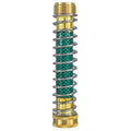 Brass garden hose spring connector with spiral visible inside, shown next to a tape measure indicating 15 cm length.