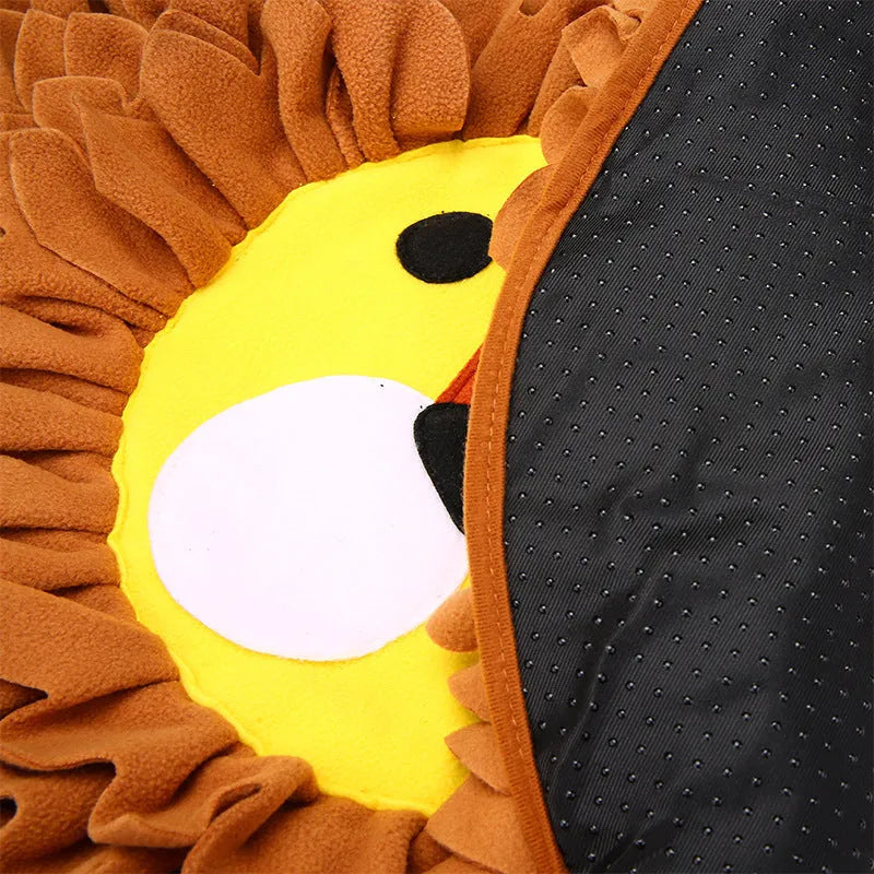 Brown lion-shaped pet sniffing mat with textured Yizhiwen pattern for hiding treats
