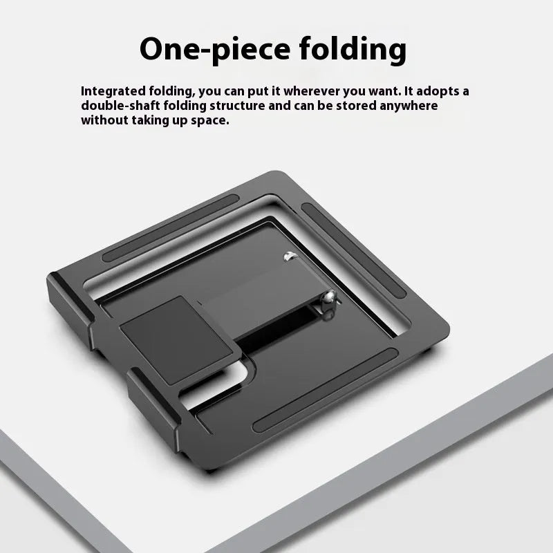 Flat black metal foldable notebook bracket with rotating base on a wooden desk