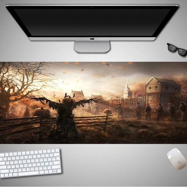 Oversized Halloween-themed mouse pad with non-slip rubber cloth base on a desk