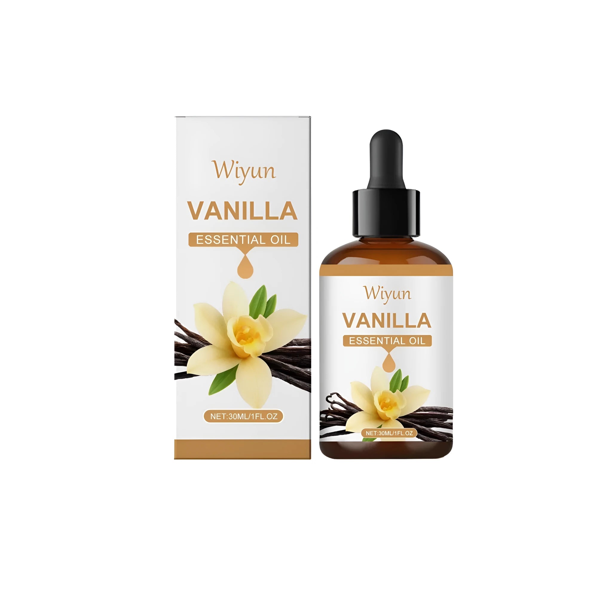 30ml bottle of vanilla-flavoured fragrance oil with ingredients including vanilla oil, glycerin, and vitamin E