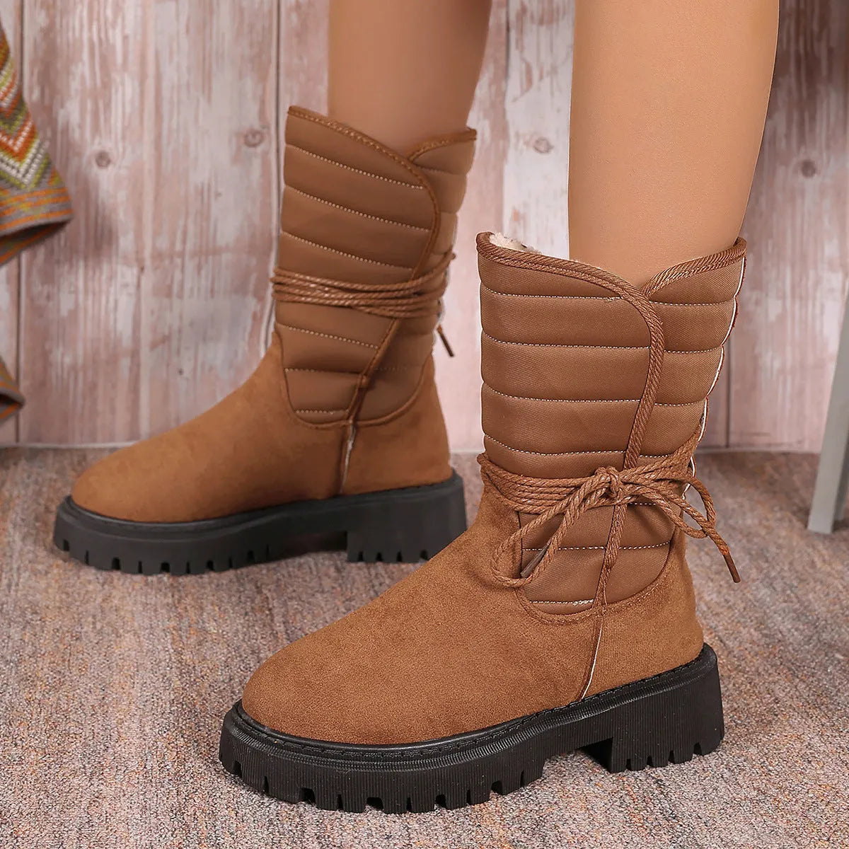 Women's black chunky heel snow boots with suede upper and lace-up design