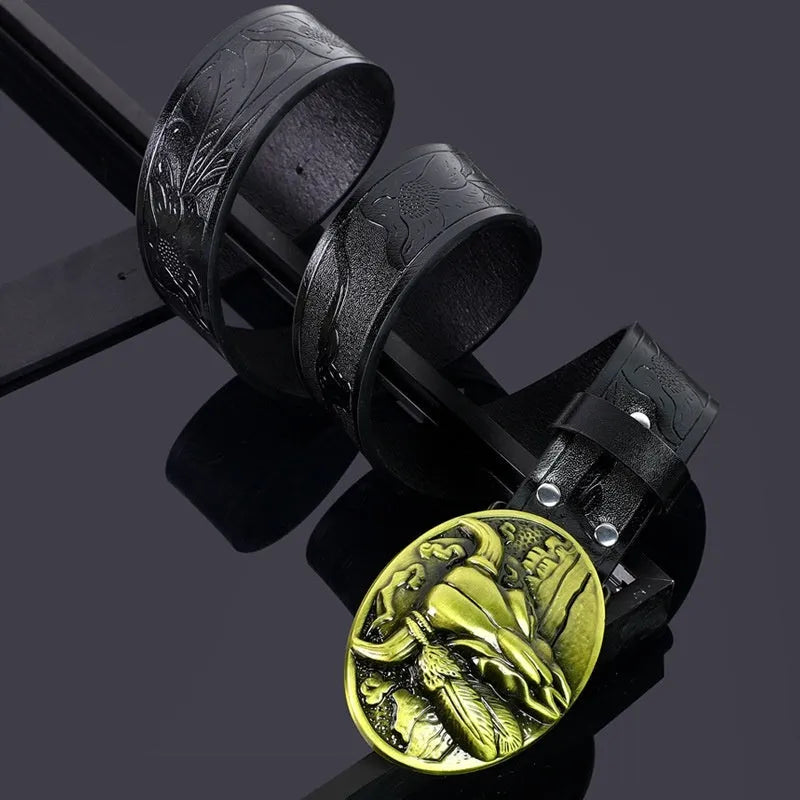 Men's brown imitation leather belt with decorative alloy cow head buckle and pin fastening