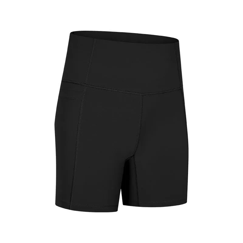 Women's black sport shorts with super stretch fabric and mid-thigh length.
