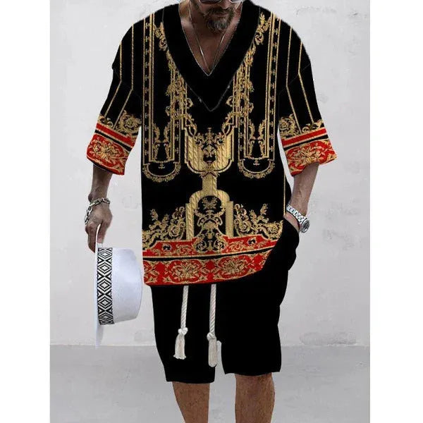 Loose fitting casual short sleeve suit with matching shorts in polyester fabric