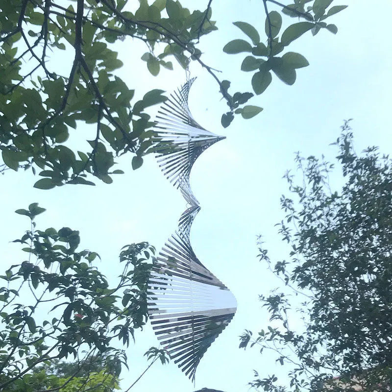 Rotating metal wind runner garden pendant in spiral shape, silver and colourful options