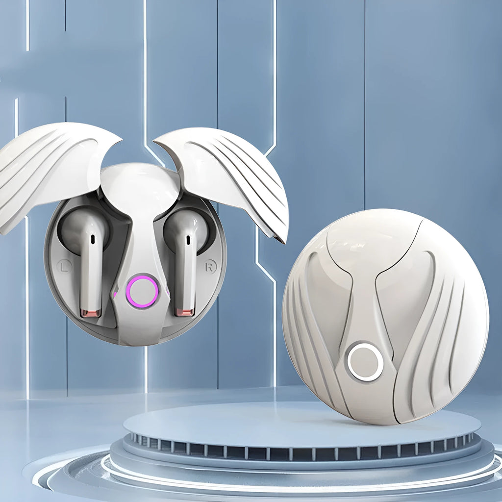 Gaming TWS true wireless earbuds with noise cancelling, 8-hour battery, charging compartment, and secure Angel Wings fit in black