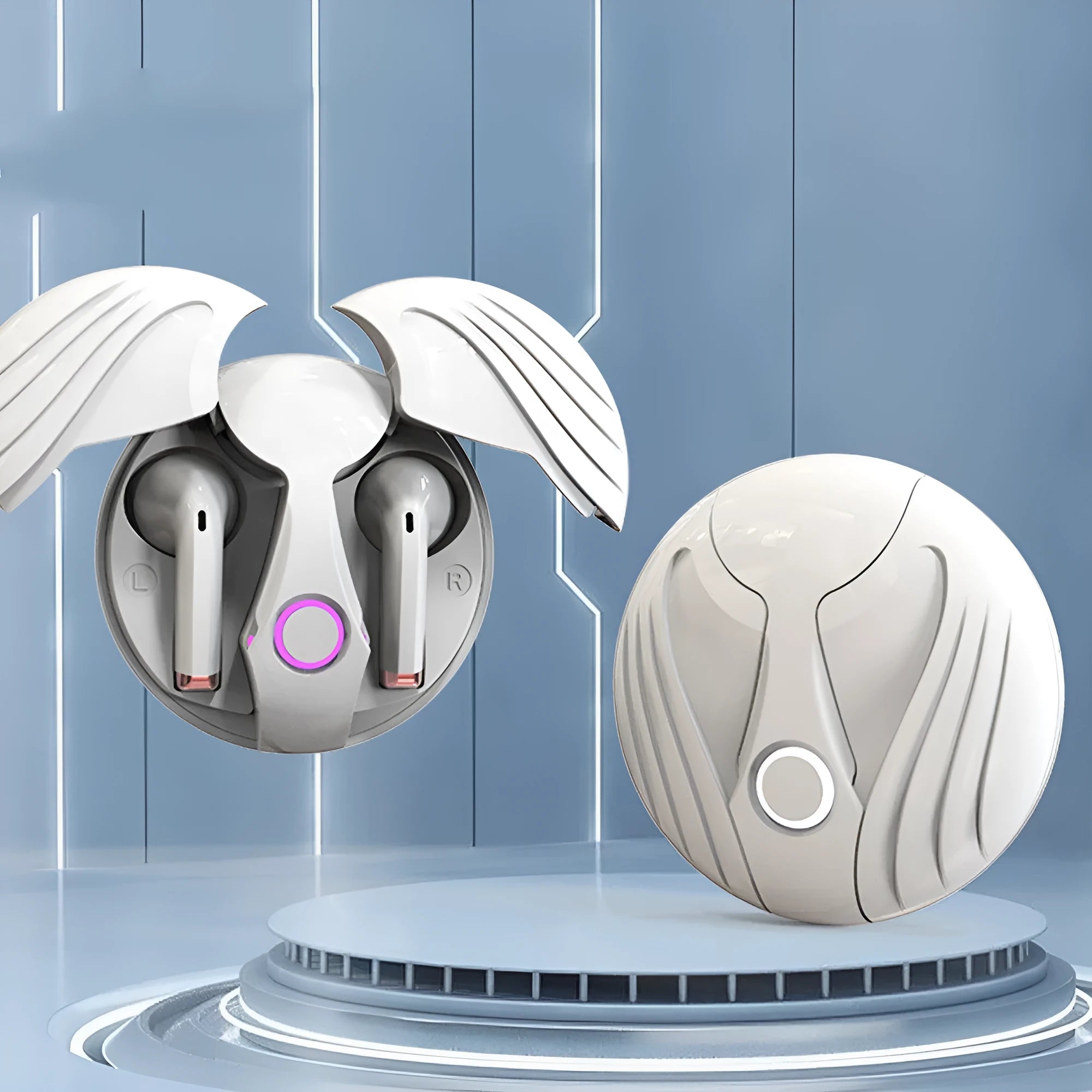 Gaming TWS true wireless earbuds with noise cancelling, 8-hour battery, charging compartment, and secure Angel Wings fit in black