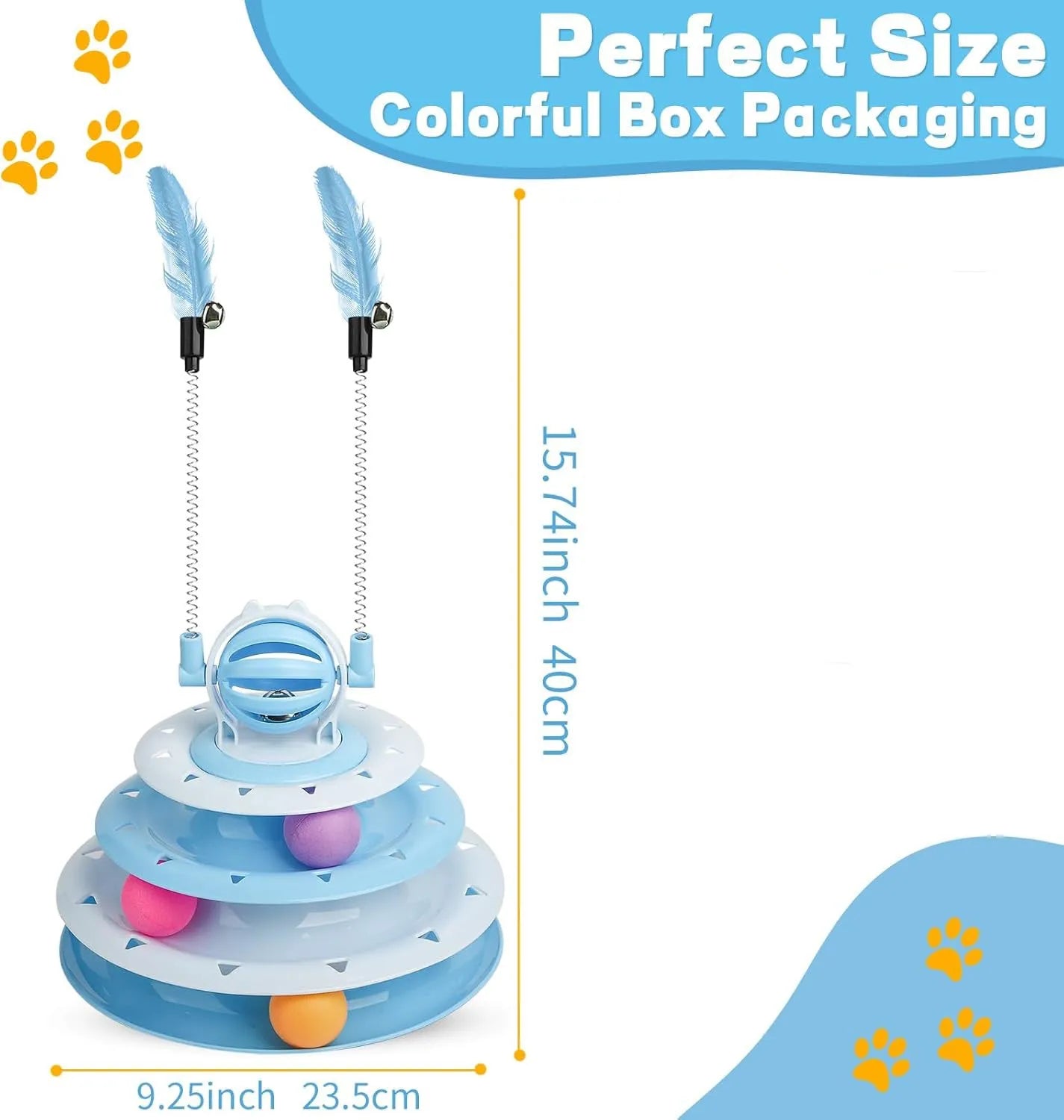 Blue 4-tier interactive cat puzzle toy with balls and teasing rods