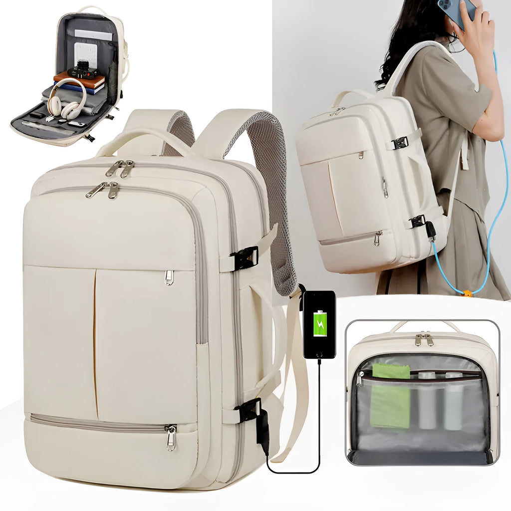 Large waterproof backpack with multiple pockets holding 15.6 inch laptop, shown in black colour option
