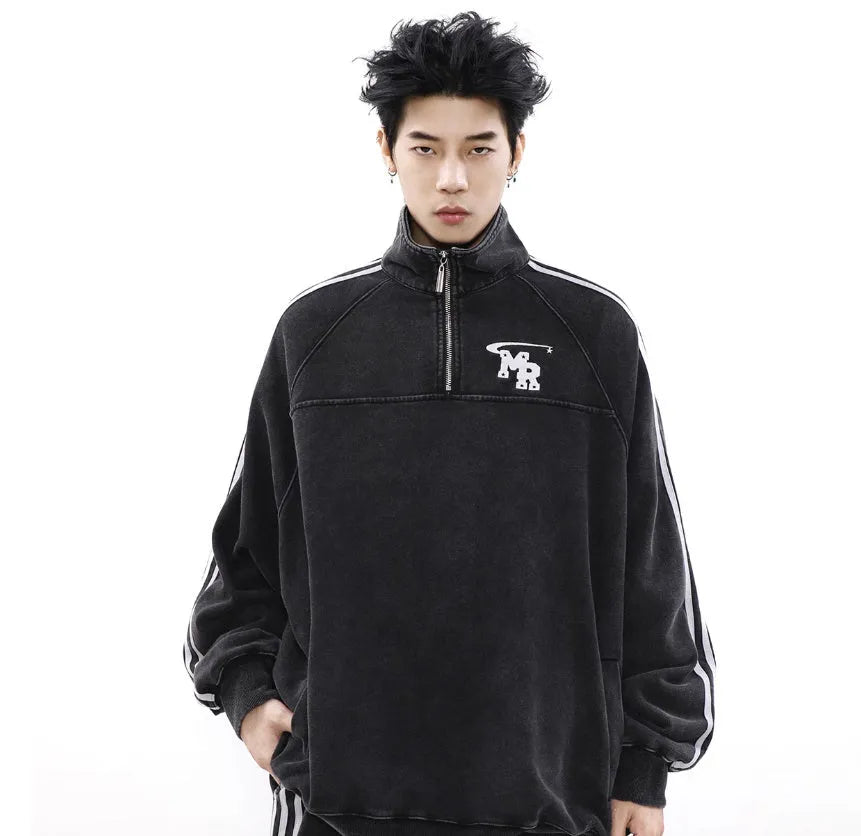 Black Hong Kong style stand collar polyester hoodie jacket for men's sports and casual wear