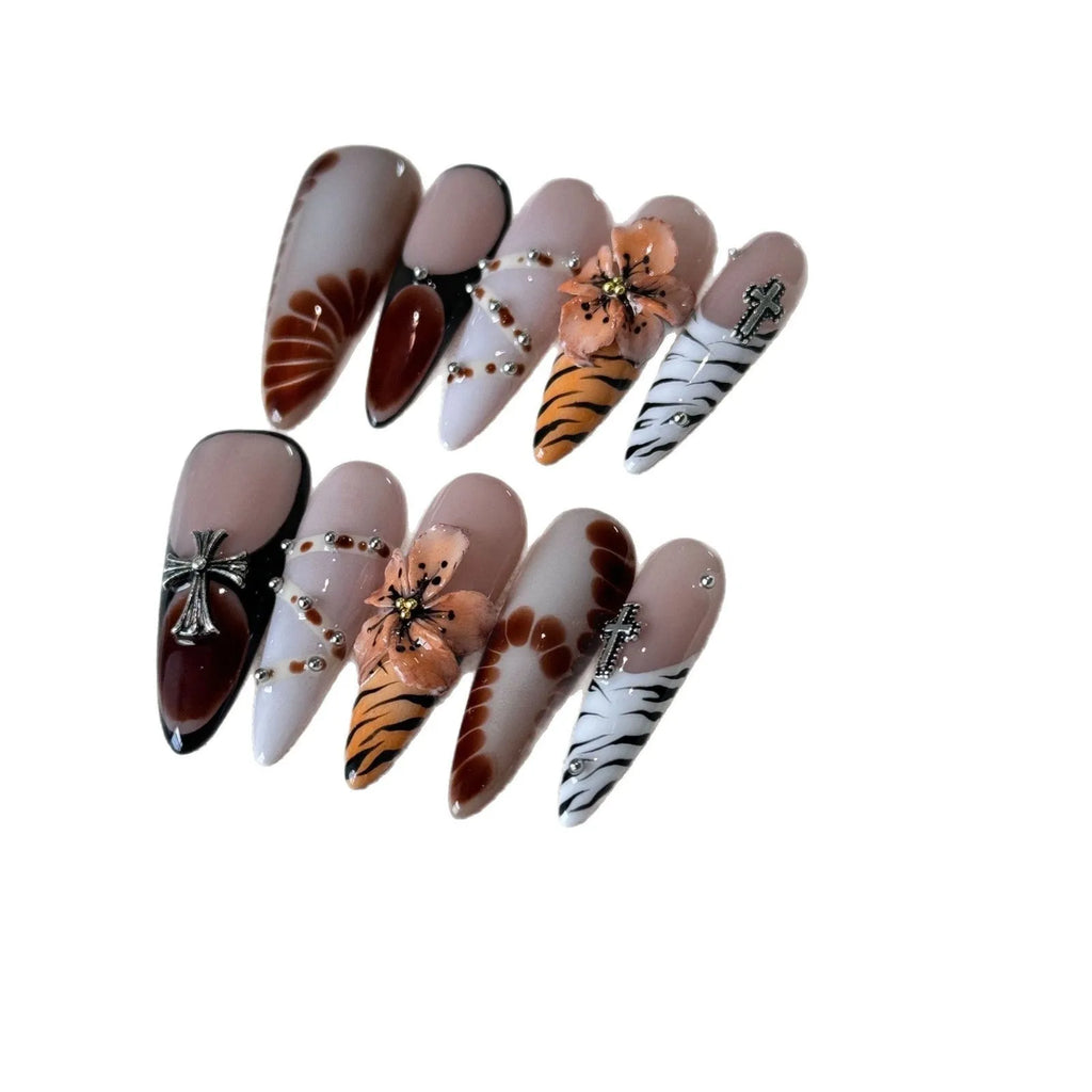 Leopard print false nail stickers with cross and floral patterns in armour shape