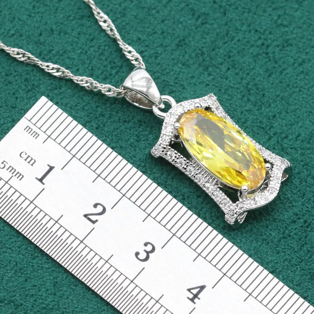 Yellow and olive green anti-allergy alloy jewellery set with zircon stones including necklace, earrings, ring and bracelet
