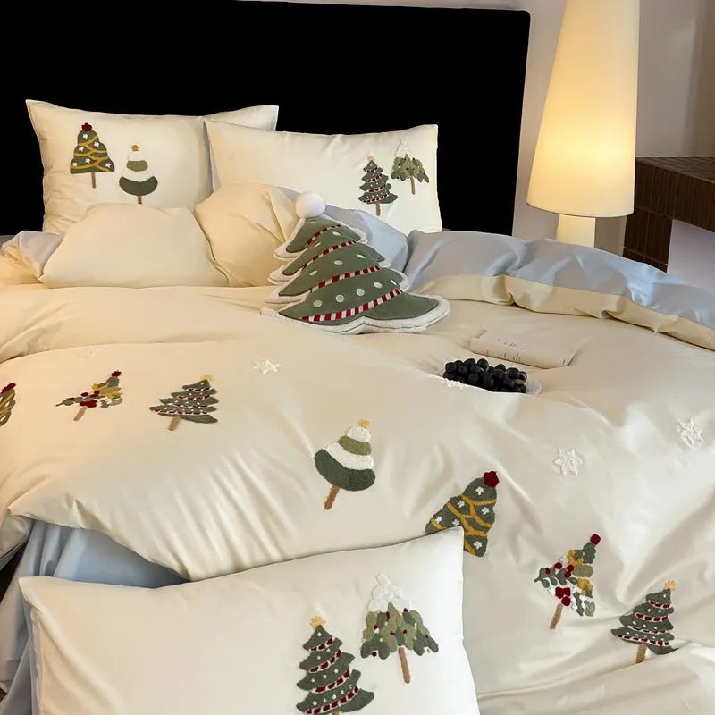 Christmas tree embroidered cotton duvet cover and pillowcases with plants and flowers pattern