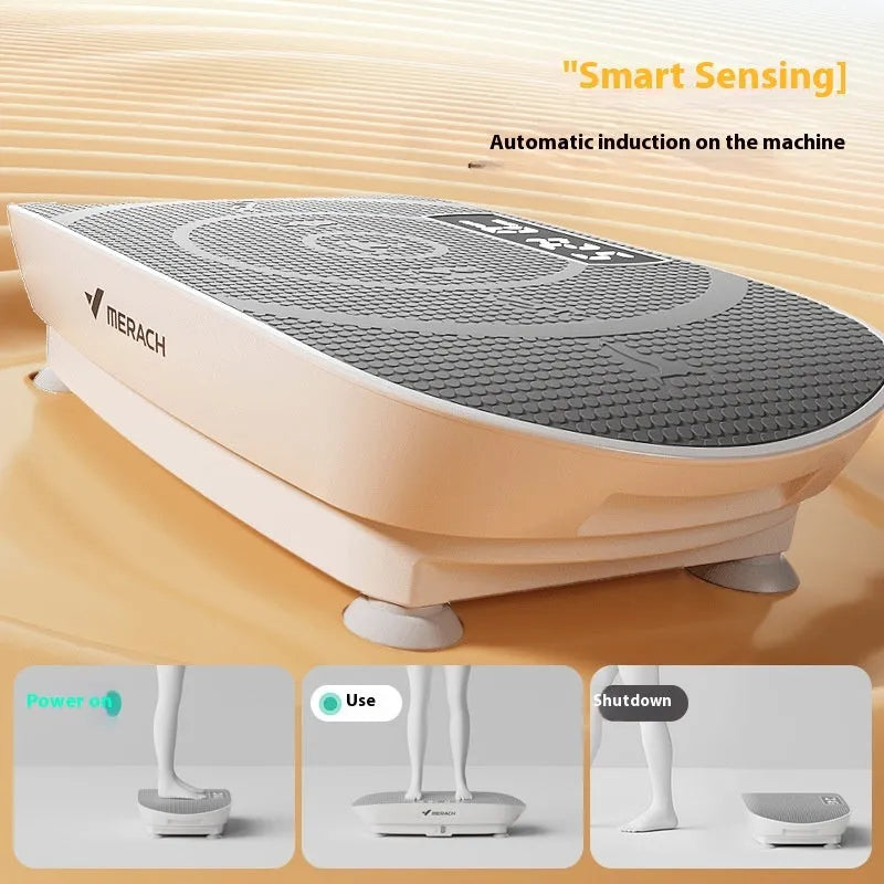 Grey portable smart power plate on floor, showing compact 58cm length and Bluetooth connectivity for home fitness.