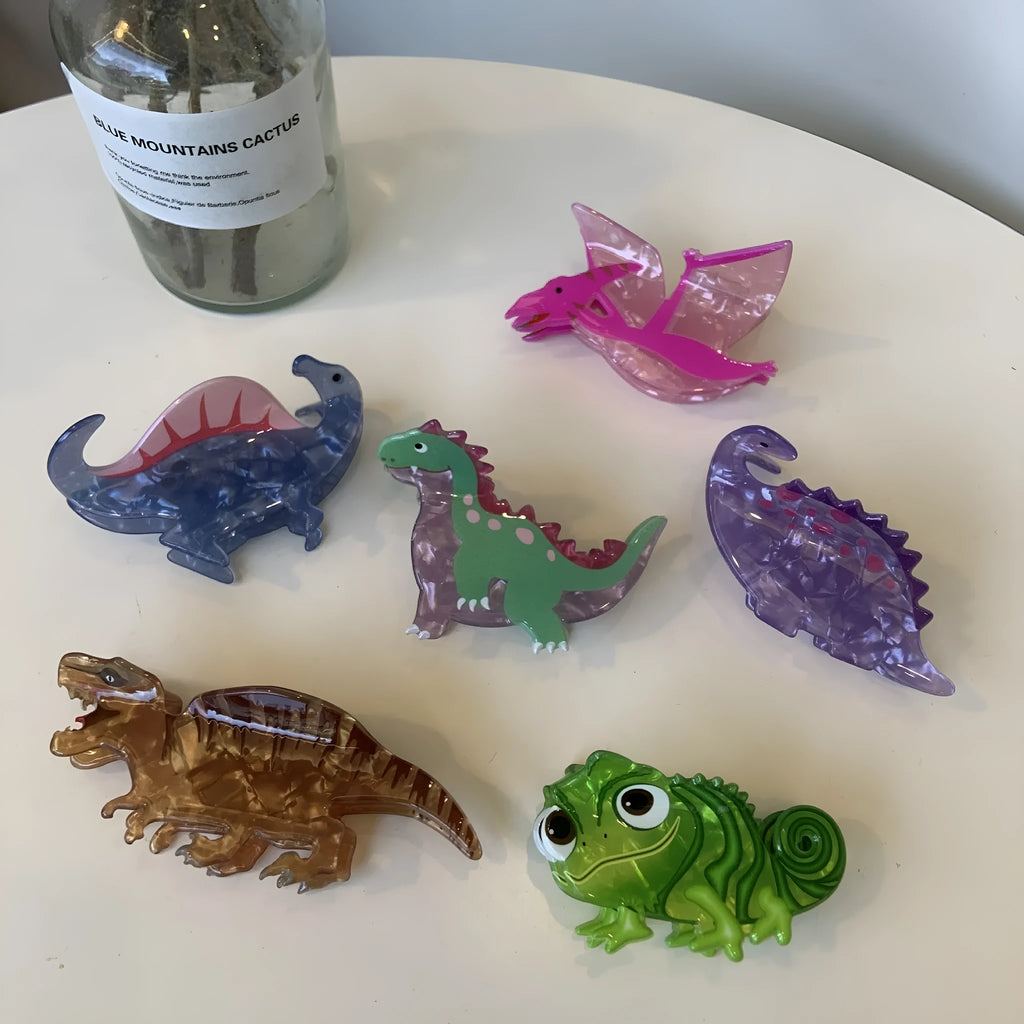 Dinosaur acrylic jaw clip hairpin in six colour variations with grip-style design