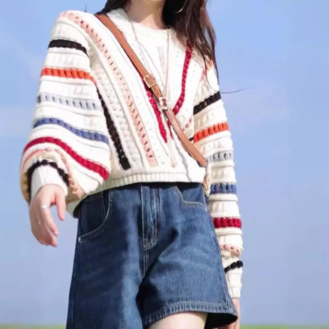 Retro rainbow stripe hollow knit sweater with batwing sleeves in Japanese Korean casual style