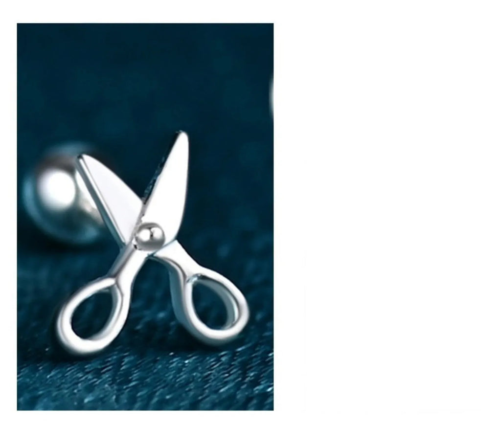 S999 pure silver screw-style ear nails with miniature scissors detailing for women