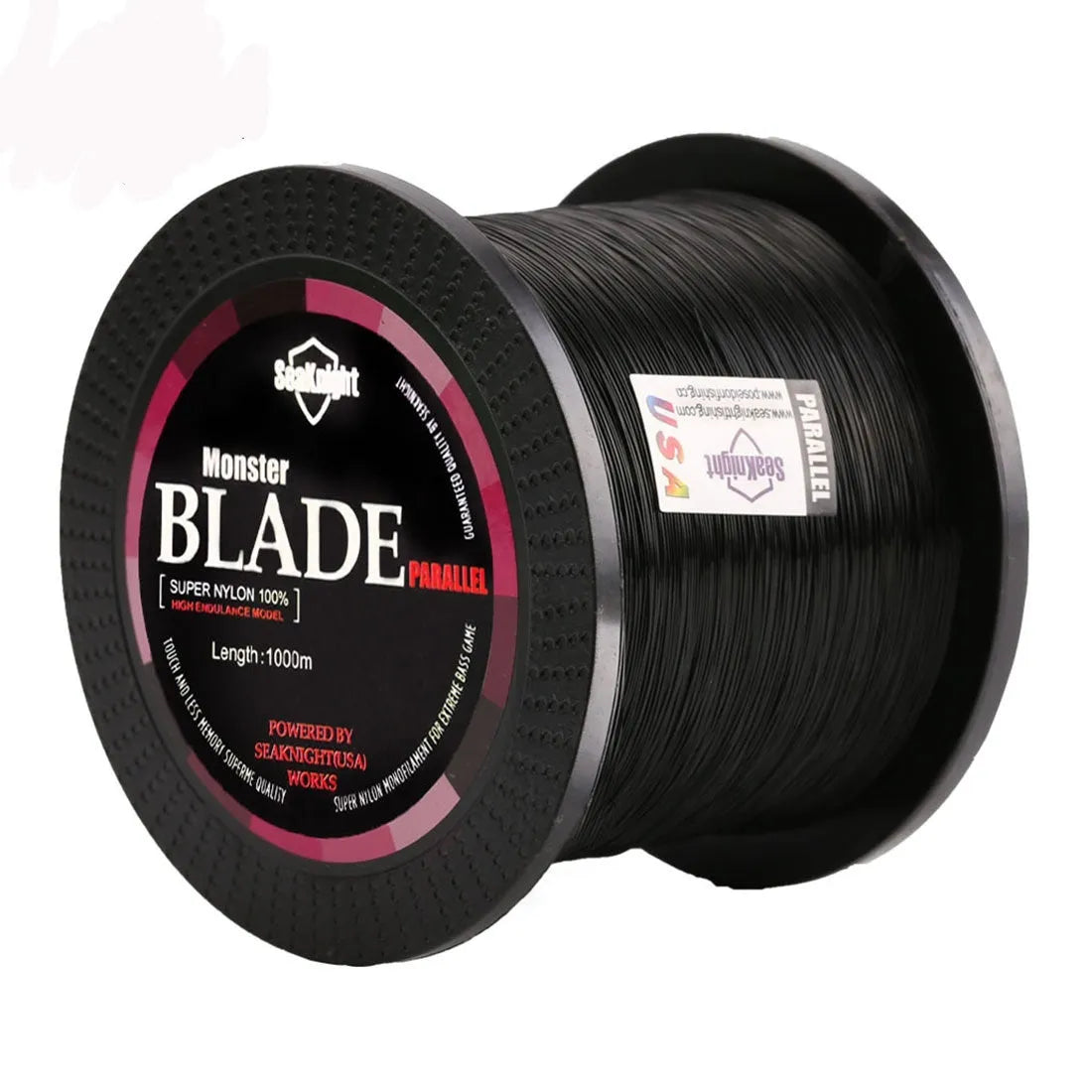 Spool of Seaknight1000 M nylon monofilament fishing line in one of five colours showing size marking