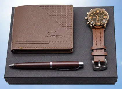 Creative holiday gift wallet pen watch set four-piece business promotional gifts black and brown options
