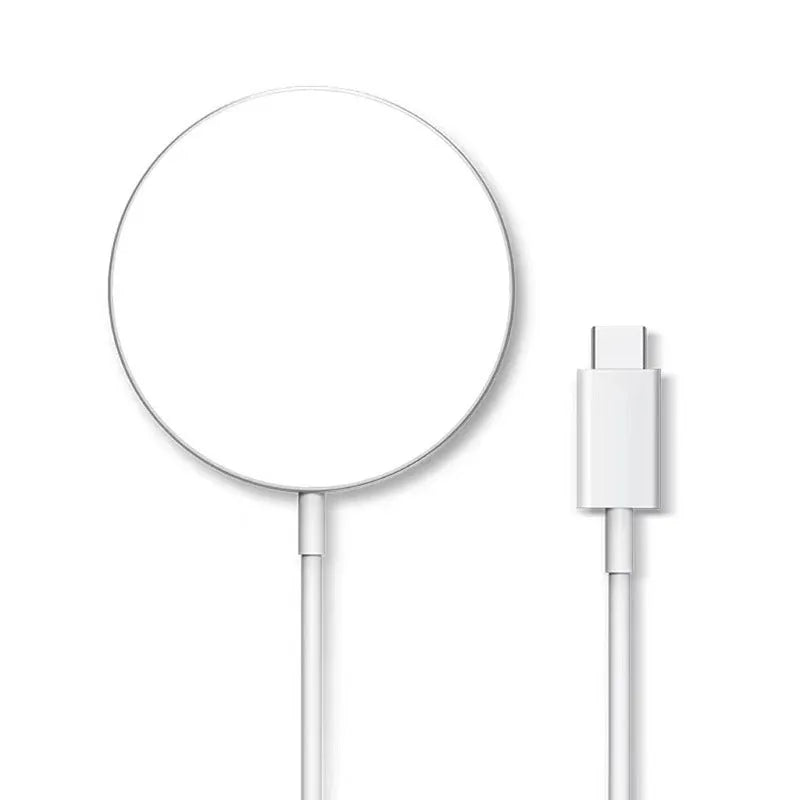 15W magnetic wireless charger with USB-C input, black finish, on a white desk, 84mm diameter disc with magnetic phone alignment