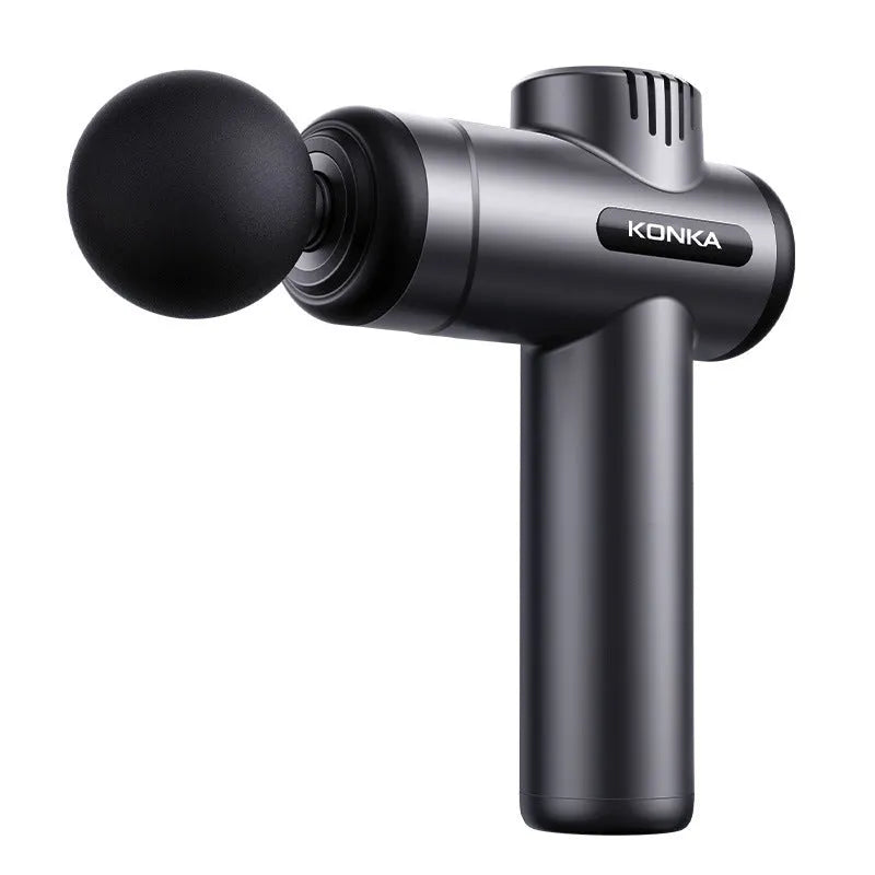 Konka V19 portable massage gun with multiple interchangeable heads in grey, green, or pink colour options
