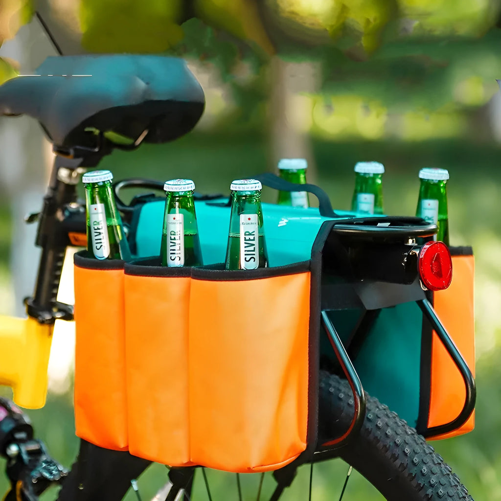 Black bicycle drink storage bag mounted on handlebars showing double-sided design and 2 litre capacity