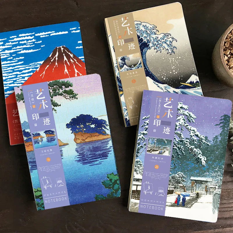 Ukiyo-e series hand ledger notebook with Japanese woodblock print cover, open on a table.