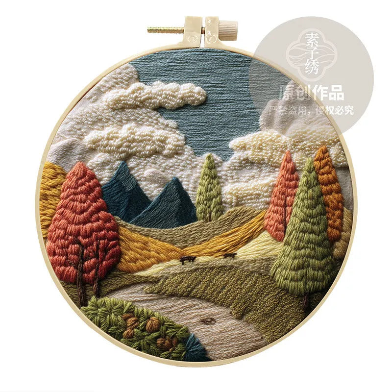 Landscape embroidery DIY kit with printed cotton fabric, bamboo frame, embroidery thread and needles