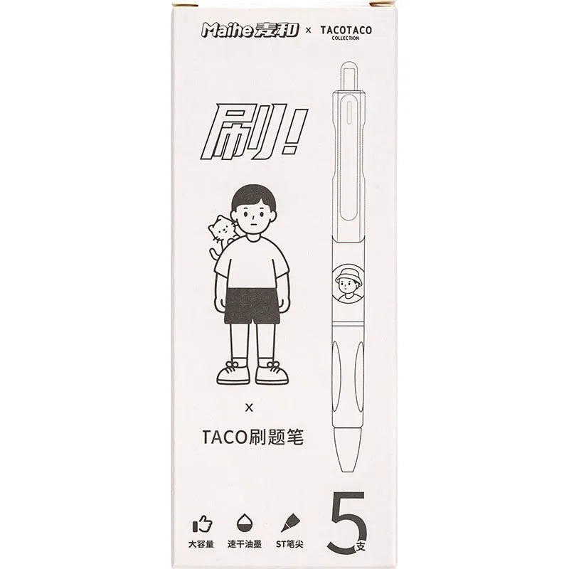 Five white Taco ballpoint pens with 0.5mm black ink refills showing quick-drying technology