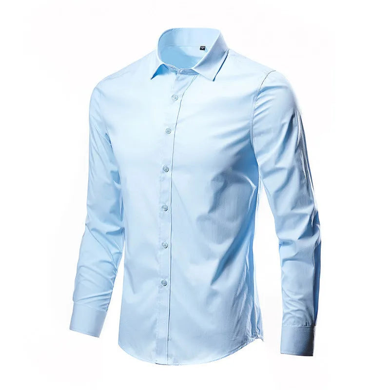 Men's loose-fit long-sleeve linen shirt on a hanger, shown in a neutral colour.