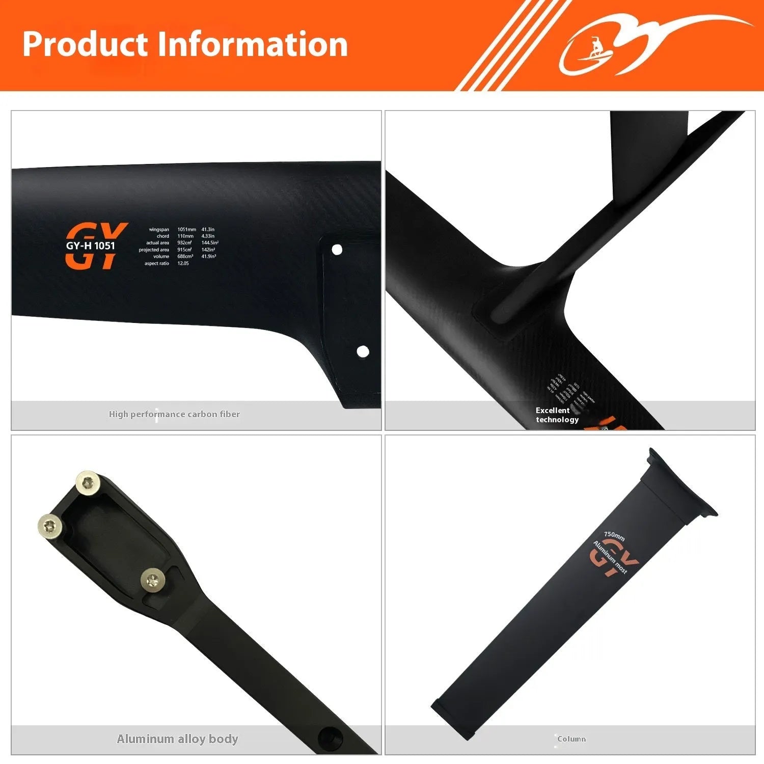 Black carbon fibre racing hydrofoil surfboard with 1051mm front wing