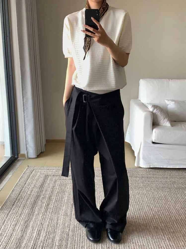 Black women's straight-leg trousers with a single front pleat and adjustable waistband.