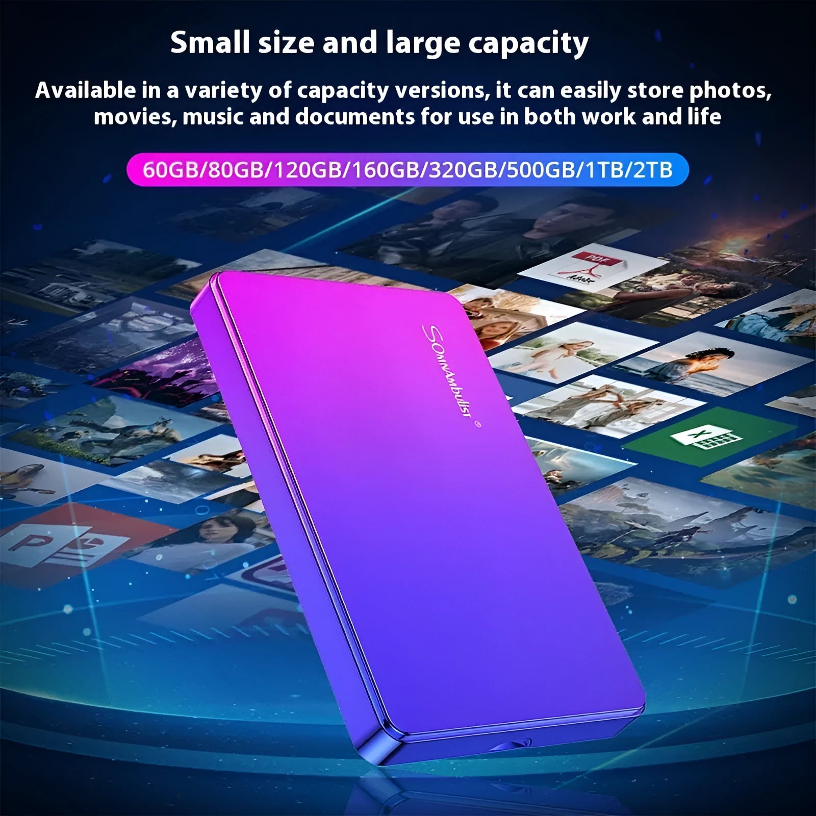 Purple plastic external hard disk with USB cable and leather bag packaging